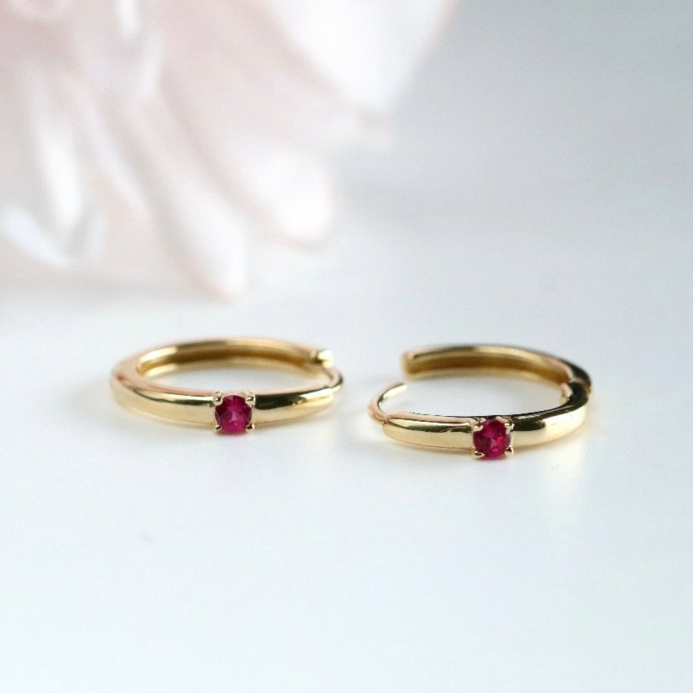 14K Yellow Gold Single Red Ruby Huggie Hoop Earrings, NWT
